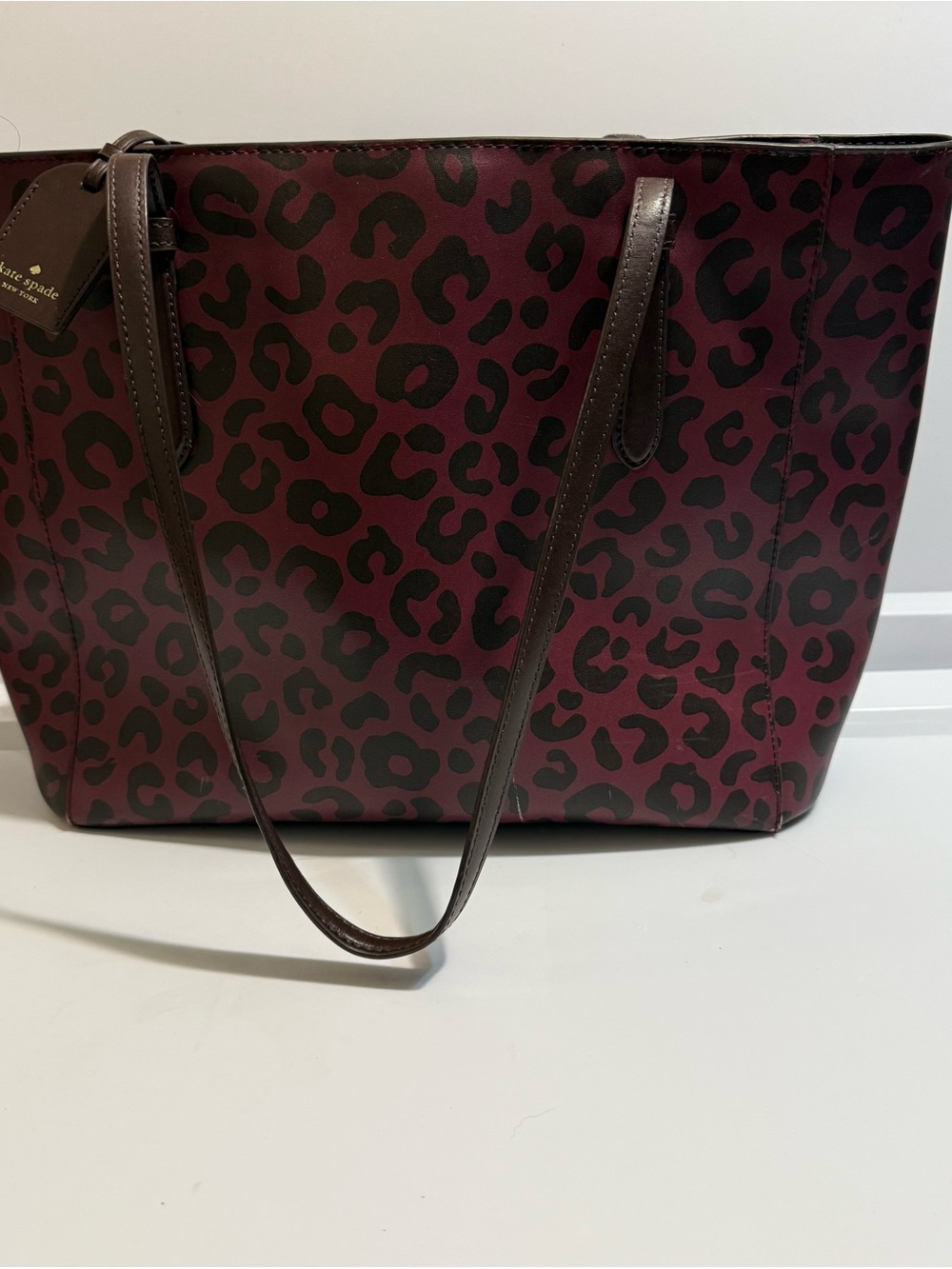 Kate Spade Tote Bag Womens Large Burgundy Black Leopard Print PVC Leather Trim